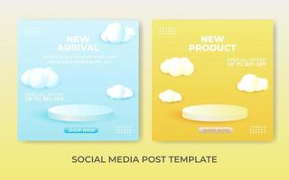 Square social media post template with 3d podium and clouds. vector