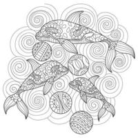 Dolphins and balls hand drawn for adult coloring book vector