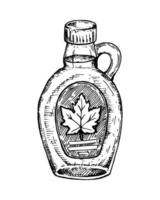 Hand drawn glass bottle with maple syrup. vector