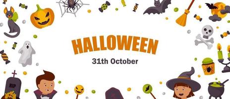 Halloween cute horizontal banner. Space for text. Vector illustration