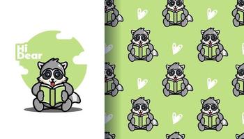 Cute raccoon reading book with seamless pattern vector