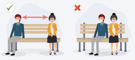 distanciamiento social en público. sentarse en un banco separado de otros. vector