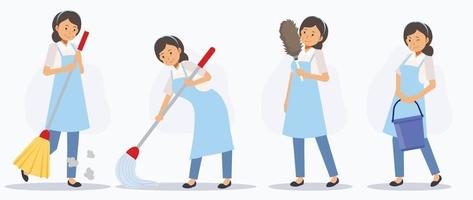 Set of female cleaner in various action,sweeping,mopping,dusting. vector