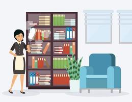 maid is cleaning dust from bookshelf.woman sweeping book shelf vector