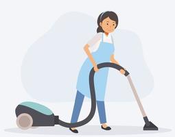 Housekeeper cleaning the floor by vaccum. vector