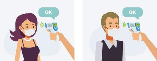 man and woman was measure temperature at forehead,checked COVID-19 vector