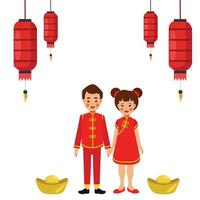 Cute little boy and girl in traditional chiness dress vector