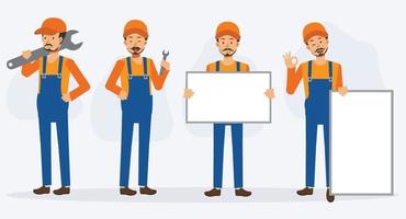 Set of male mechanic repairman in various action,holding blank sign vector