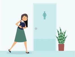 A woman have stomach ache is standing in front of toilet. vector