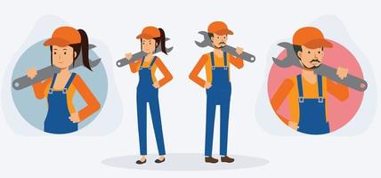 man and woman mechanic repairman, Flat vector cartoon character.