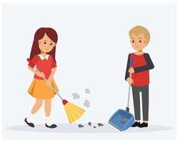 Happy cute little kids boy and girl helping each other to cleaning. vector