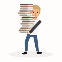 A boy is sad because too much books to read. Education. vector