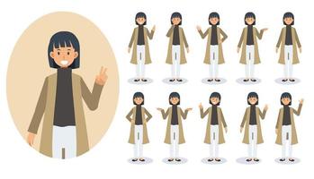 set of women in casual dress showing different gestures. vector