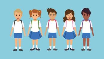 children wearing school uniform with backpacks. vector