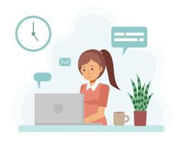 Home office concept, woman working from home with laptop. vector