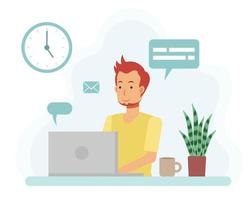 Home office concept, man working from home with laptop. vector