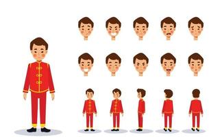 Little Boy in red Chinese costume with various view. vector