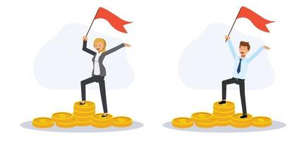 .Businesspeople with a flag standing at cash gold coins. vector