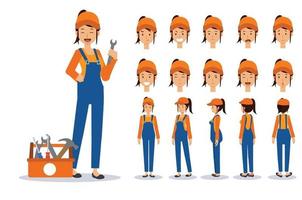 Female mechanic,repairer in various views, vector