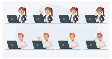 gente de negocios que trabaja con la computadora portátil en varias poses y emociones. vector