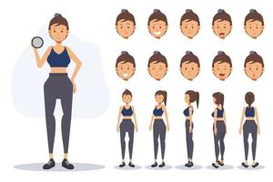 El personaje de una mujer usa ropa de ejercicio en varios puntos de vista, vector