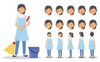 old lady is a housekeeper,cleaner in various action. vector