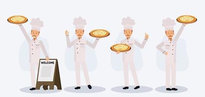 set of a man in chef uniform holding pizza near welcome wood sign. vector