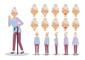 Flat Vector illustration set of old lady in various view.