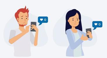 online social addict concept.man and woman getting sad. vector