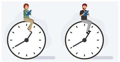 Set of man and woman reading a book on clock. free time concept.
