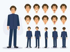 Japanese student boy in uniform with various views. vector