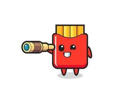 cute french fries character is holding an old telescope vector