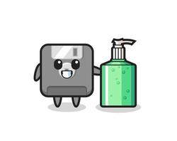 cute floppy disk cartoon with hand sanitizer vector