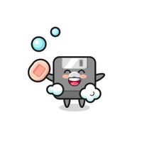 floppy disk character is bathing while holding soap vector