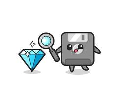 La mascota del disquete está comprobando la autenticidad de un diamante. vector