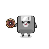 illustration of an floppy disk character eating a doughnut vector