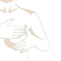 Hands performing monthly breast self exam. Breast tumor, cancer
