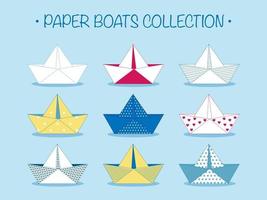 conjunto de nueve lindos barcos de papel de origami vector