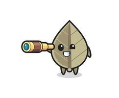 cute dried leaf character is holding an old telescope vector