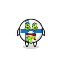 Carácter de la insignia de la bandera de Finlandia con una expresión de locura por el dinero vector