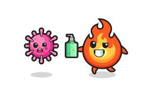 Ilustración de personaje de fuego persiguiendo virus maligno con desinfectante de manos vector