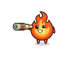 cute fire character is holding an old telescope vector