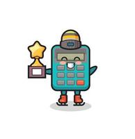 calculator cartoon as an ice skating player hold winner trophy vector