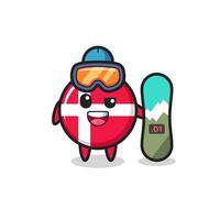 Illustration of denmark flag badge character with snowboarding style vector