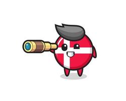 cute denmark flag badge character is holding an old telescope vector