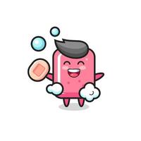 bubble gum character is bathing while holding soap vector