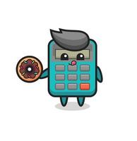 illustration of an calculator character eating a doughnut vector