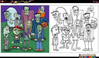 cartoon Halloween zombies characters group coloring book page vector