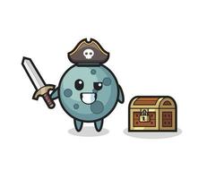 the asteroid pirate character holding sword beside a treasure box vector