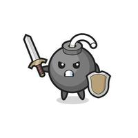 cute bomb soldier fighting with sword and shield vector